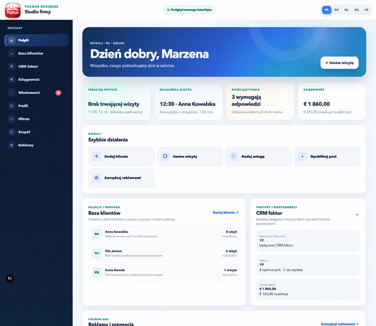 Istniejąca prezentacja panelu PolHub Business z przykładowym CRM i narzędziami firmy