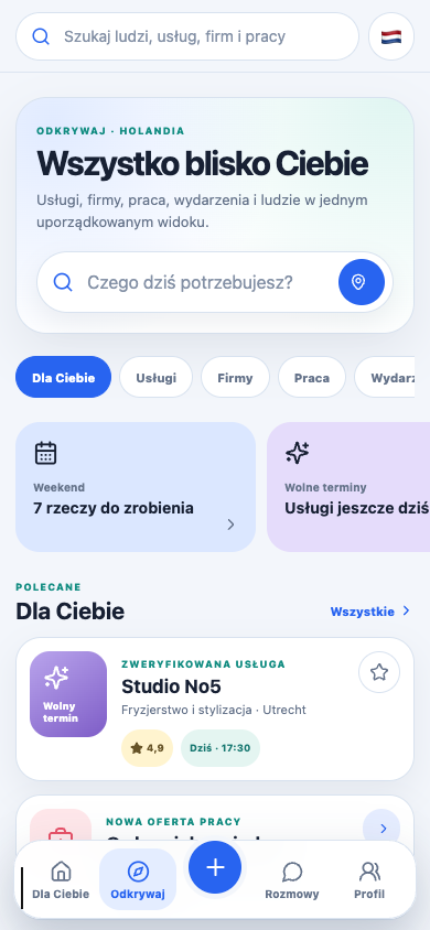 Przykładowy ekran Odkrywaj z wyszukiwaniem miejsc i kategoriami